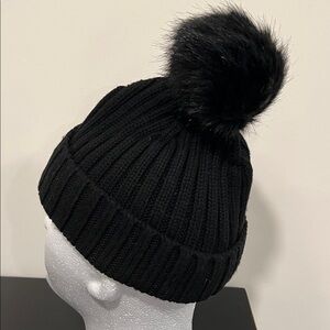 J. Crew Black Knit Beanie with Faux Fur Black Pom